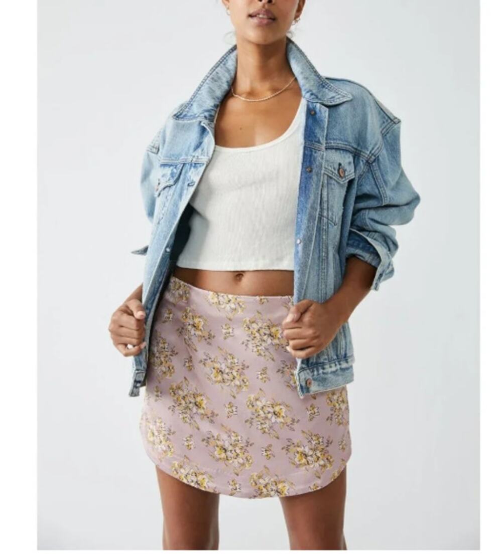 Free People Jacquard Floral Mini Skirt Womens 12 Lavender Brocade Satin Coquette